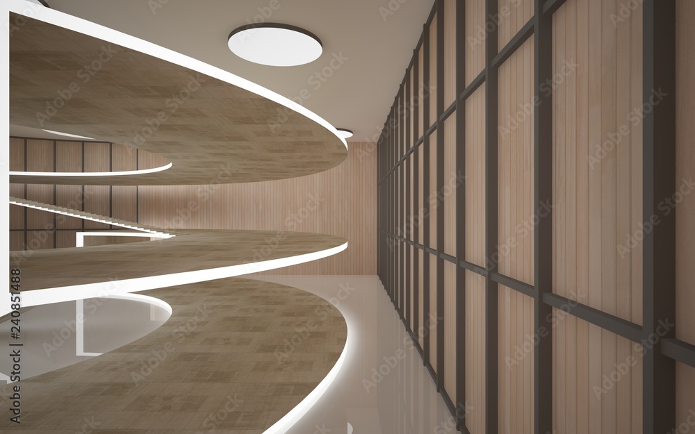 Obraz premium Abstract concrete and wood interior multilevel public space with neon lighting. 3D illustration and rendering.