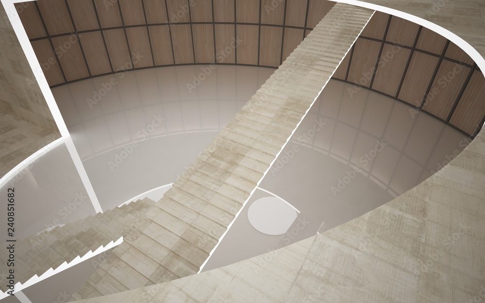 Obraz premium Abstract concrete and wood interior multilevel public space with neon lighting. 3D illustration and rendering.