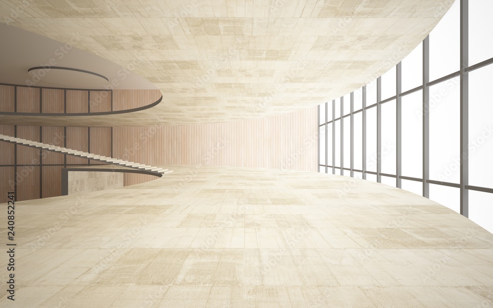 Obraz premium Abstract concrete and wood interior multilevel public space with window. 3D illustration and rendering.