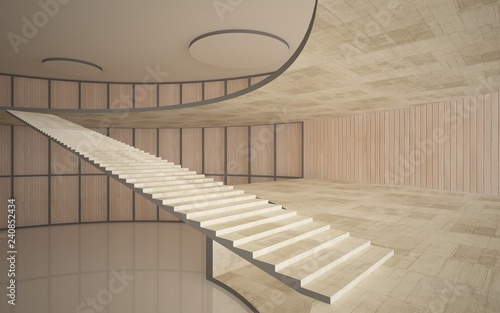 Abstract  concrete and wood interior multilevel public space with window. 3D illustration and rendering.