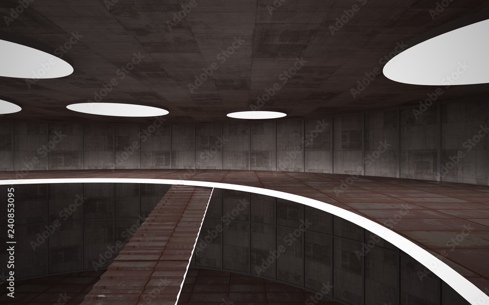 Fototapeta premium Abstract concrete and rusty metal interior multilevel public space with neon lighting. 3D illustration and rendering.