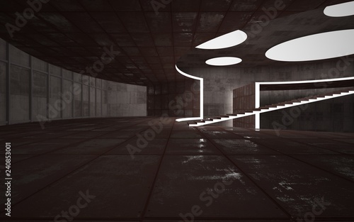 Abstract concrete and rusty metal interior multilevel public space with neon lighting. 3D illustration and rendering.