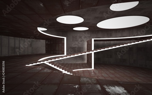 Abstract concrete and rusty metal interior multilevel public space with neon lighting. 3D illustration and rendering.
