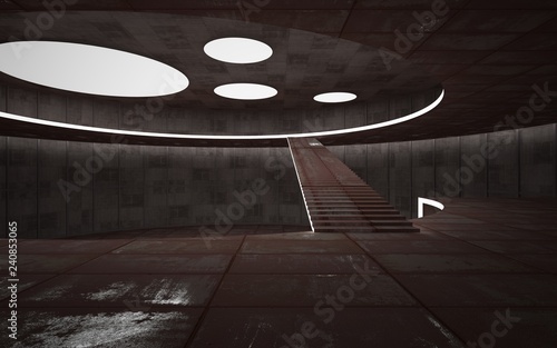 Abstract concrete and rusty metal interior multilevel public space with neon lighting. 3D illustration and rendering.