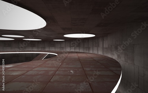 Abstract concrete and rusty metal interior multilevel public space with neon lighting. 3D illustration and rendering.