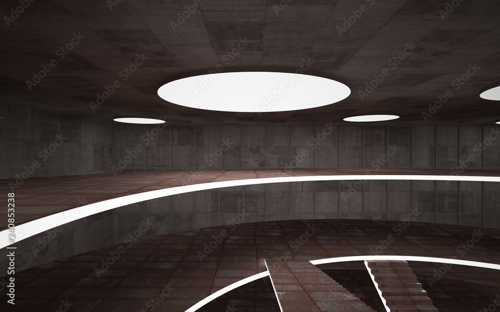 Obraz premium Abstract concrete and rusty metal interior multilevel public space with neon lighting. 3D illustration and rendering.