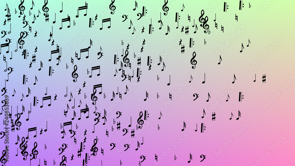 Random Musical Notes Image Disco Background. Many Random Falling Notes, Bass and, G Clef. Black ...