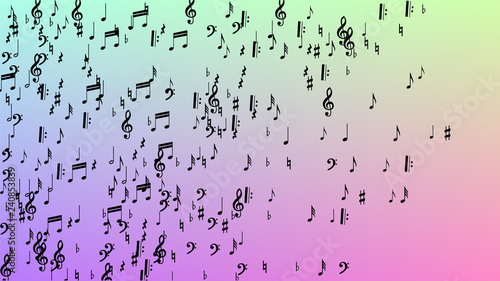 Disco Background. Many Random Falling Notes, Bass and, G Clef. Black Musical Notes Symbol Falling on Hologram Background. Disco Vector Template with Musical Symbols.