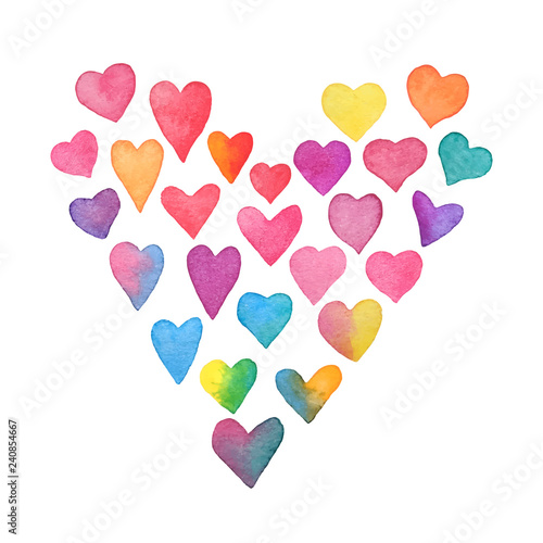 Watercolor rainbow hearts. Heart shape frame isolated on white background. Collection of hand painted color hearts. Valentines Day card. Vector illustration