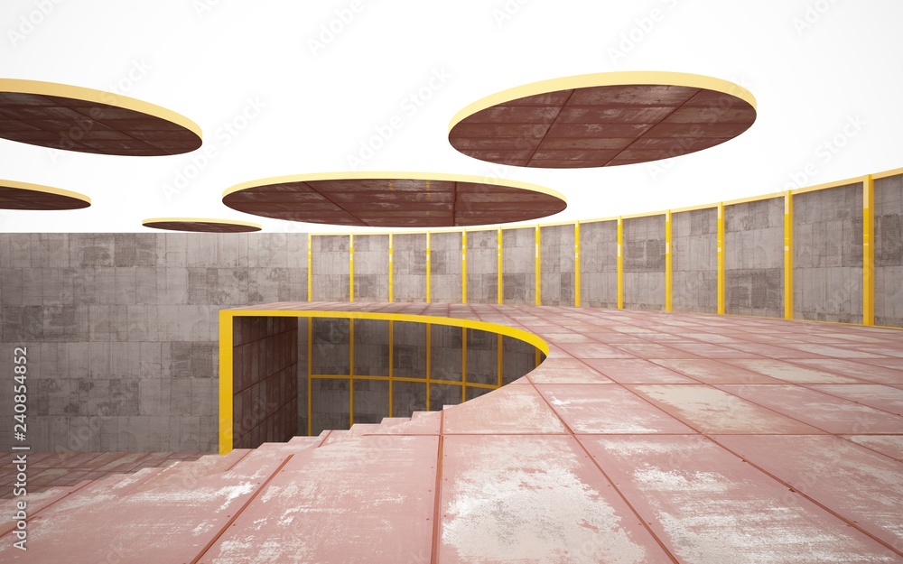 Obraz premium Abstract concrete and rusty metal interior multilevel public space with window. 3D illustration and rendering.