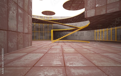 Abstract concrete and rusty metal interior multilevel public space with window. 3D illustration and rendering.