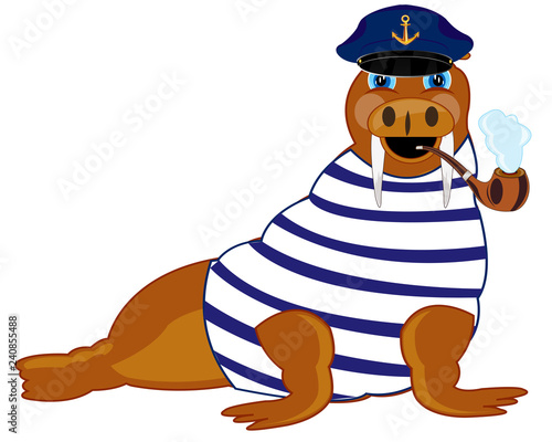 Cartoon animal walrus in service cap of the captain with tube