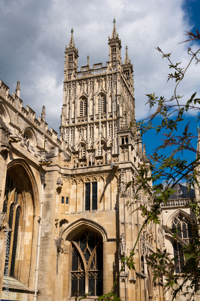 The tower of Gloucester cathedral in spring sunshine, Gloucestershire, UK
