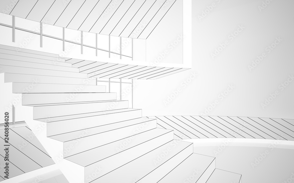 Abstract drawing white interior multilevel public space with window. Polygon black drawing. 3D illustration and rendering. Abstract drawing white interior multilevel public space with window. Polygon black drawing. 3D illustration and rendering.