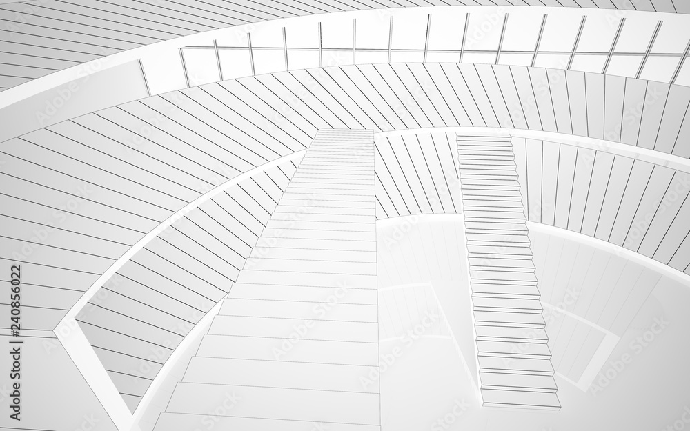 Naklejka premium Abstract drawing white interior multilevel public space with window. Polygon black drawing. 3D illustration and rendering.