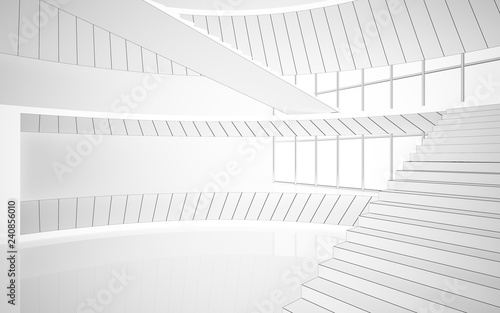 Abstract drawing white interior multilevel public space with window. Polygon black drawing. 3D illustration and rendering.