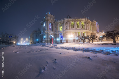 Snowstorm in the night city. Opera and Ballet Theatre. Odessa. Ukraine. 