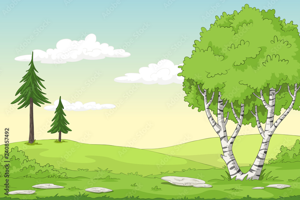 Cartoon summer landscape with birch, hand draw illustration
