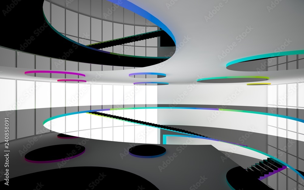 Fototapeta premium Abstract black and colored gradient interior multilevel public space with window. 3D illustration and rendering.