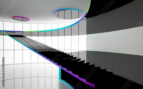 Abstract black and colored gradient  interior multilevel public space with window. 3D illustration and rendering.