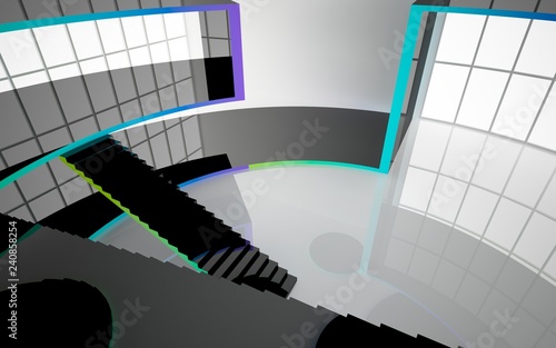 Abstract black and colored gradient interior multilevel public space with window. 3D illustration and rendering.