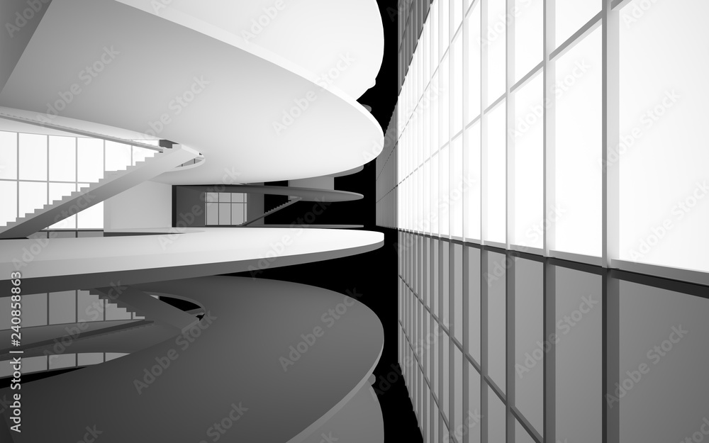 Obraz premium Abstract white and black interior multilevel public space with window. 3D illustration and rendering.