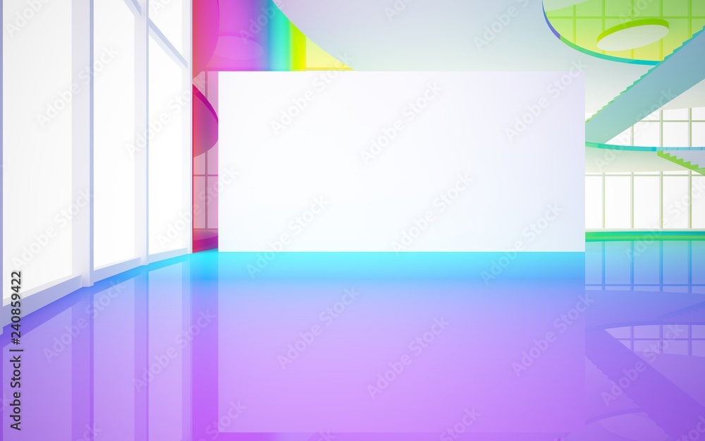 Obraz premium Abstract white and colored gradient glasses interior multilevel public space with window. 3D illustration and rendering.