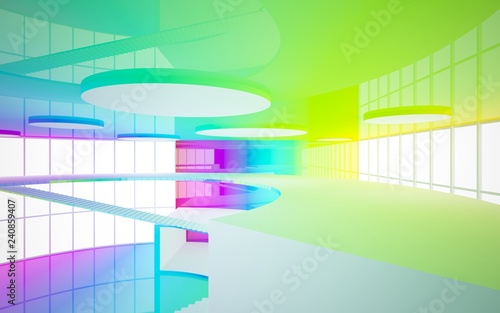 Abstract white and colored gradient glasses interior multilevel public space with window. 3D illustration and rendering.