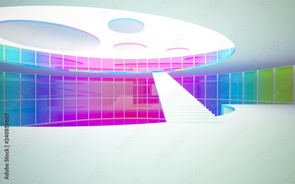 Fototapeta premium Abstract white and colored gradient glasses interior multilevel public space with window. 3D illustration and rendering.