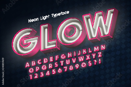 Neon light 3d alphabet, extra glowing font. 