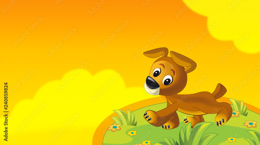 cartoon summer background with dog walking in nature - with space for text - illustration for children cartoon summer background with dog walking in nature - with space for text - illustration for children
