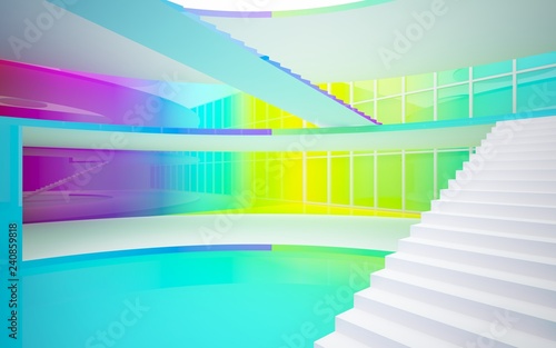 Abstract white and colored gradient glasses interior multilevel public space with window. 3D illustration and rendering.