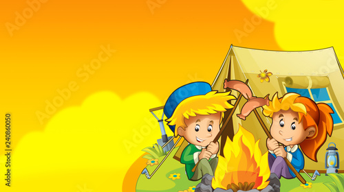 cartoon summer background with kid camping in nature - with space for text - illustration for children
