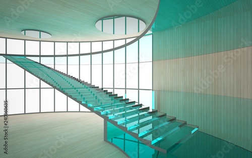 Abstract concrete and wood interior multilevel public space with window. 3D illustration and rendering.