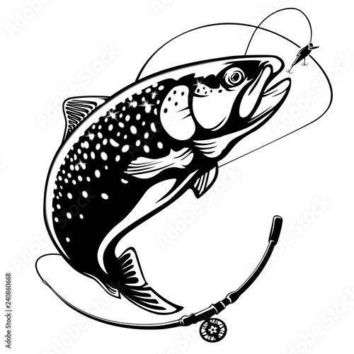 Rainbow trout jumping out water.Salmon isolated on white background. Concept art for horoscope, tattoo or colouring book.