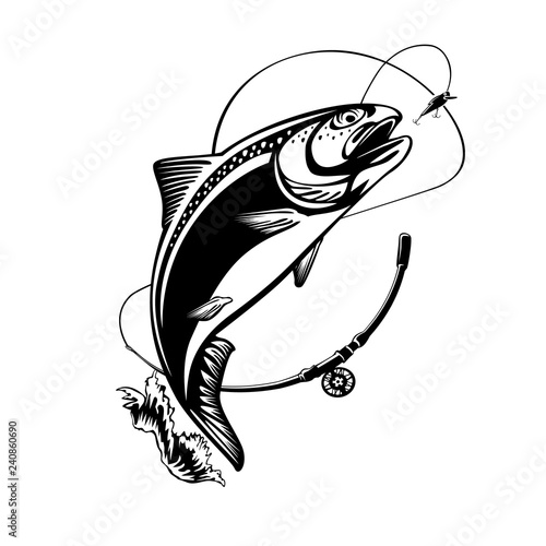 Rainbow trout jumping out water.Salmon isolated on white background. Concept art for horoscope, tattoo or colouring book.