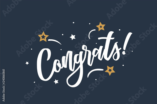 Congrats lettering card, banner. Beautiful greeting scratched calligraphy white text word stars. Hand drawn invitation print design. Handwritten modern brush. Blue background isolated vector