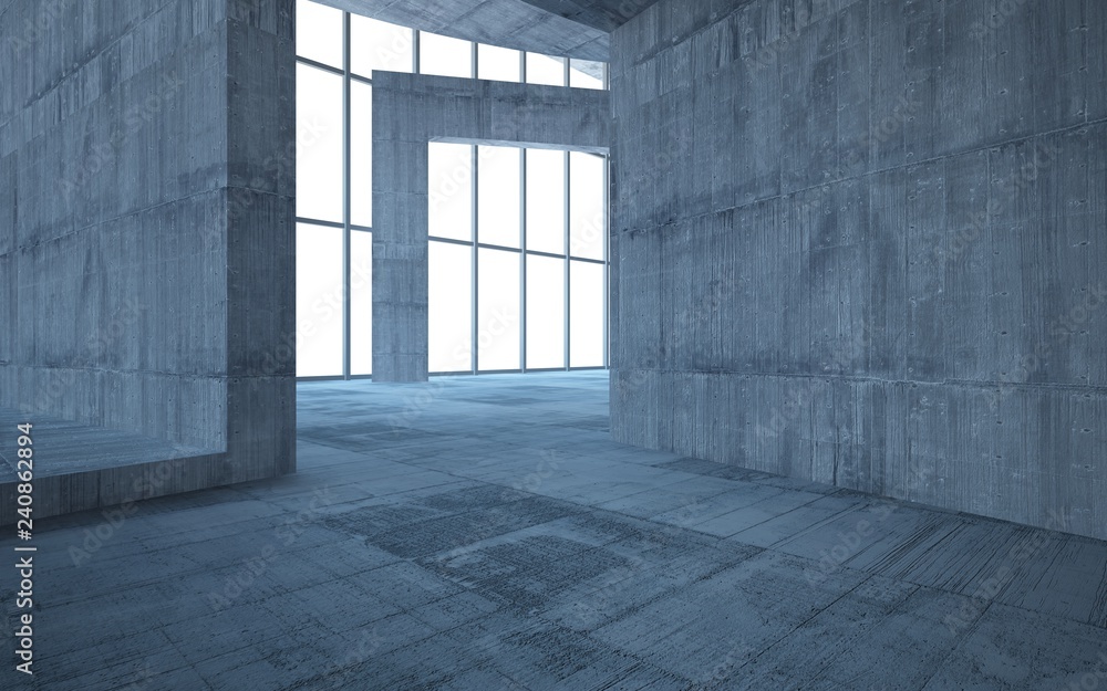 Abstract concrete interior multilevel public space with window. 3D illustration and rendering. Abstract concrete interior multilevel public space with window. 3D illustration and rendering.