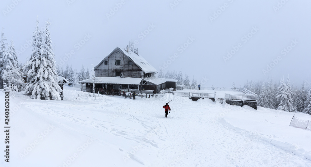 Mountain Hut in Winter at Skrzyczne peak in Szczyrk, Poland