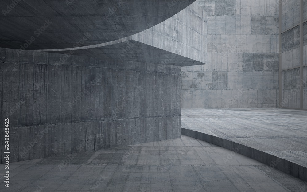 Abstract concrete interior multilevel public space with window. 3D illustration and rendering. Abstract concrete interior multilevel public space with window. 3D illustration and rendering.