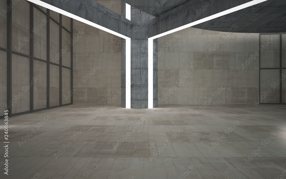 Obraz premium Abstract concrete and wood interior multilevel public space with neon lighting. 3D illustration and rendering.