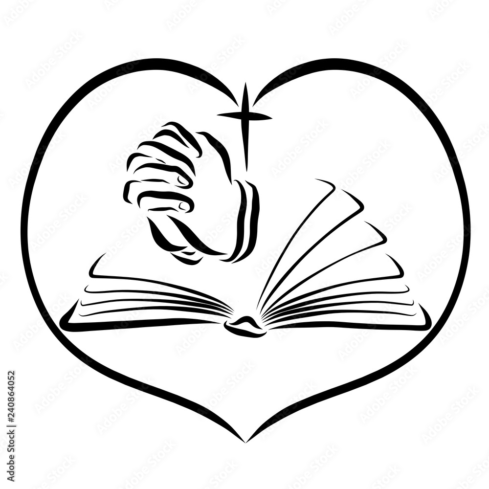 Obraz na plátně Man prays to God open bible, cross and heart