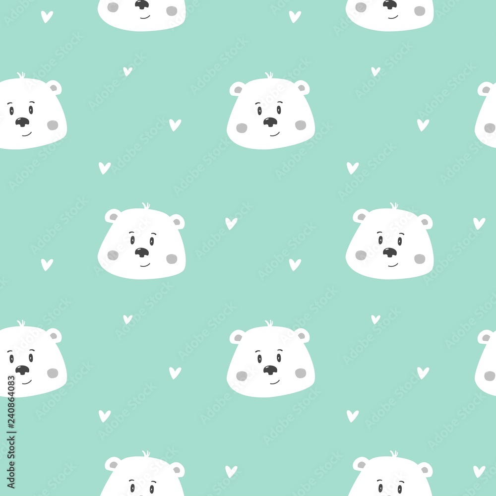 Seamless pattern with cute polar bear, print for kids. Vector illustration.