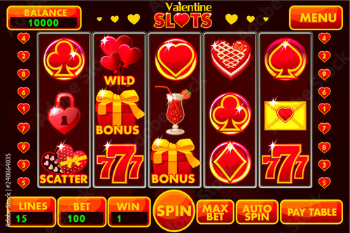 Vector Interface slot machine style St. Valentine in red colored. Complete menu of graphical user interface and full set of buttons and icons for classic casino games creation.