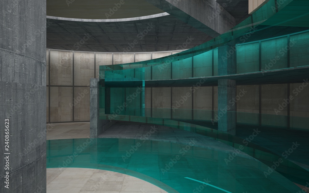 Fototapeta premium Abstract concrete and wood interior multilevel public space with window. 3D illustration and rendering.