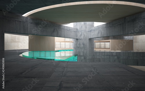 Fototapeta Naklejka Na Ścianę i Meble -  Abstract  concrete and wood interior multilevel public space with window. 3D illustration and rendering.