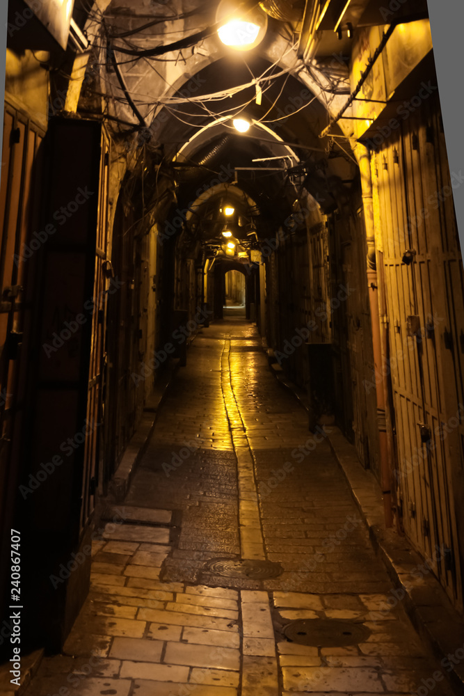 Vaults of the cave street. Dark nightly narrow streets of the old city,