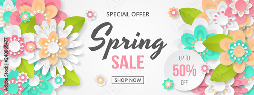 Spring sale banner with beautiful colorful flower. Can be used for template, banners, wallpaper, flyers, invitation, posters, brochure, voucher discount. Vector illustration