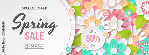 Spring sale banner with beautiful colorful flower. Can be used for template, banners, wallpaper, flyers, invitation, posters, brochure, voucher discount. Vector illustration