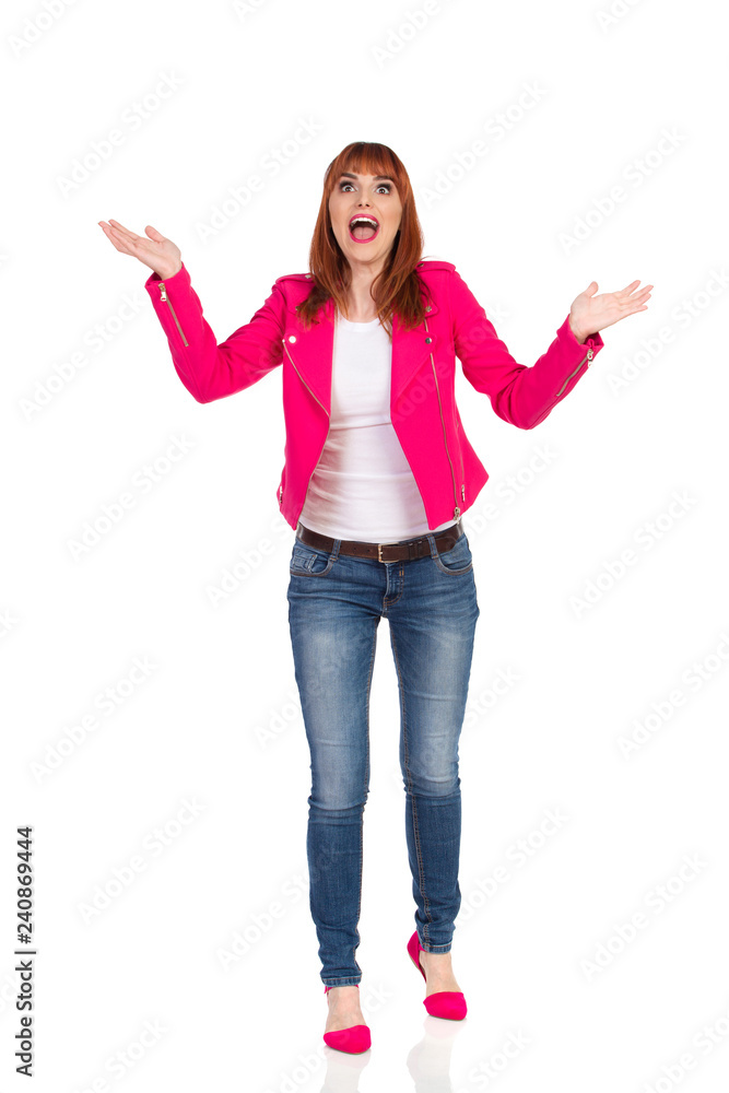 Excited Young Woman Is Holding Arms Outstretched And Shouting Excited Young Woman Is Holding Arms Outstretched And Shouting
